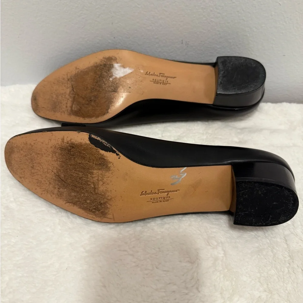Salvatore Ferragamo Black Low Heel  with Gold Buckle - Picture 5 of 7